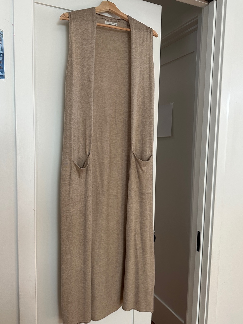 OAK + FORT Long Open-Front Knit Vest Duster - Beige